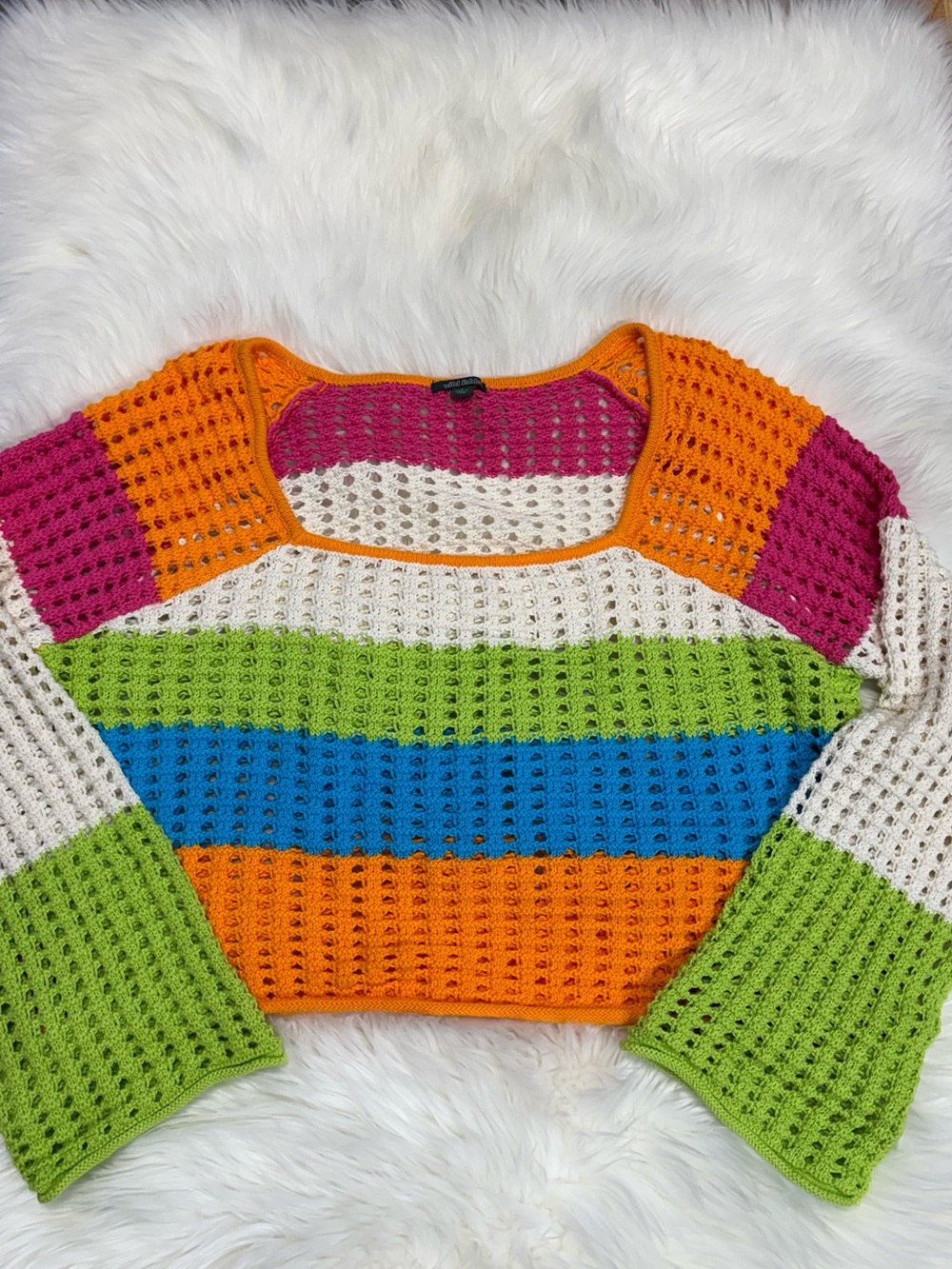 Wild Fable Women's Square Neck Pointelle Pullover Sweater Striped Large Colorful